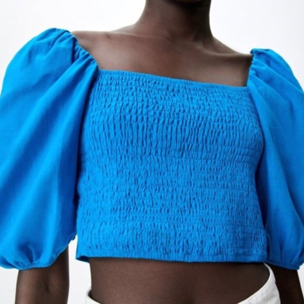 Zara blue smocked cropped peplum balloon long sleeve top